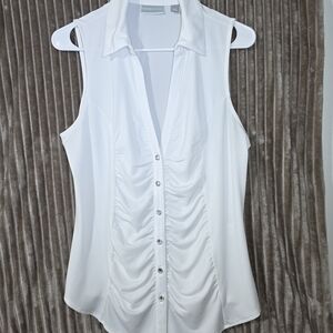 New York & Company Sleeveless White Button-Down Shirt